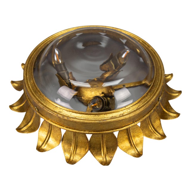 Gilt Metal and Clear Glass Sunburst Shaped Flush Mount or Wall Light, 1950s For Sale