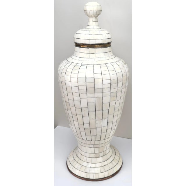 Natural Off-White Mosaic Bone over Brass Urn or Vase. Beautiful antique natural bone over brass urn or vase. The...