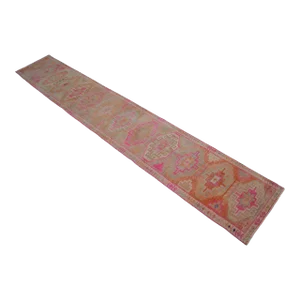 1970s Runner Turkish Hand-Knotted Rug Pink Hallway Decor