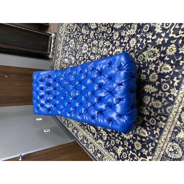 Wood Antique Oak Tufted Fainting Couch in Royal Blue Chaise Lounge Daybed For Sale - Image 7 of 7