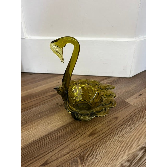 Vintage Mid-Century Modern Olive Green Art Glass Swan Trinket Dish For Sale In New York - Image 6 of 8
