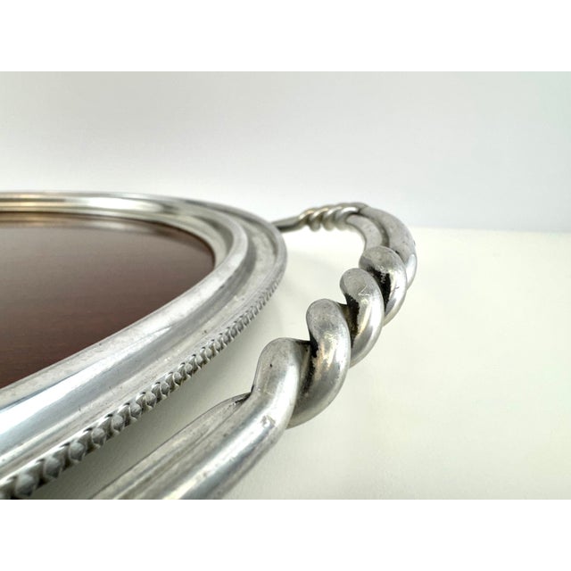 Rustic European Vintage Large Round Mahogany & Silverplate Serving Tray With Twisted Handles For Sale - Image 3 of 11