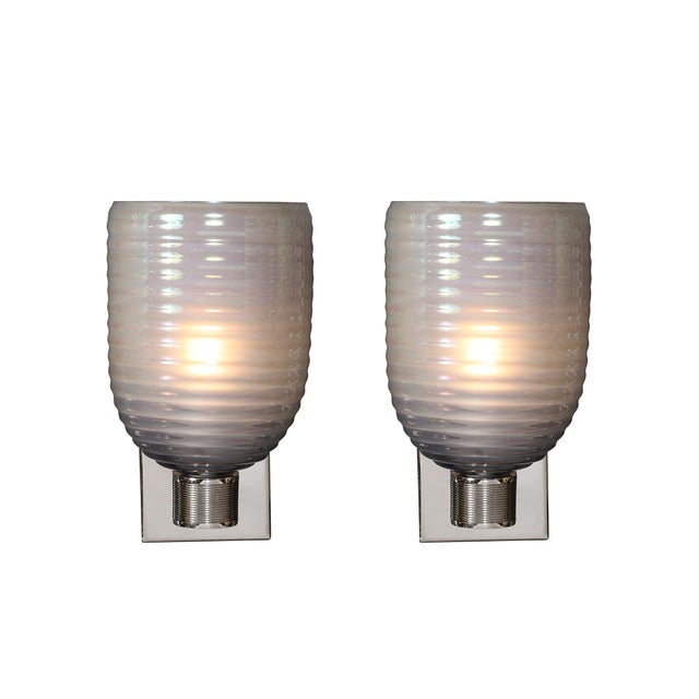 This striking Pair of Modernist Hand-Blown Smoked Cerulean Hive Form Murano Glass Sconces with Reeded Nickel Fittings...