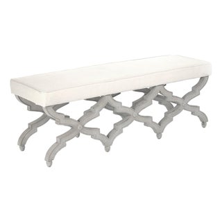 Judith Off-White Linen Bench in Distressed Gray Birch Frame For Sale