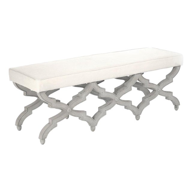 Judith Off-White Linen Bench in Distressed Gray Birch Frame For Sale