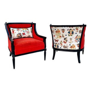 Custom Alexander Henry "His & Hers Tattoo" Club Chairs- Pair For Sale