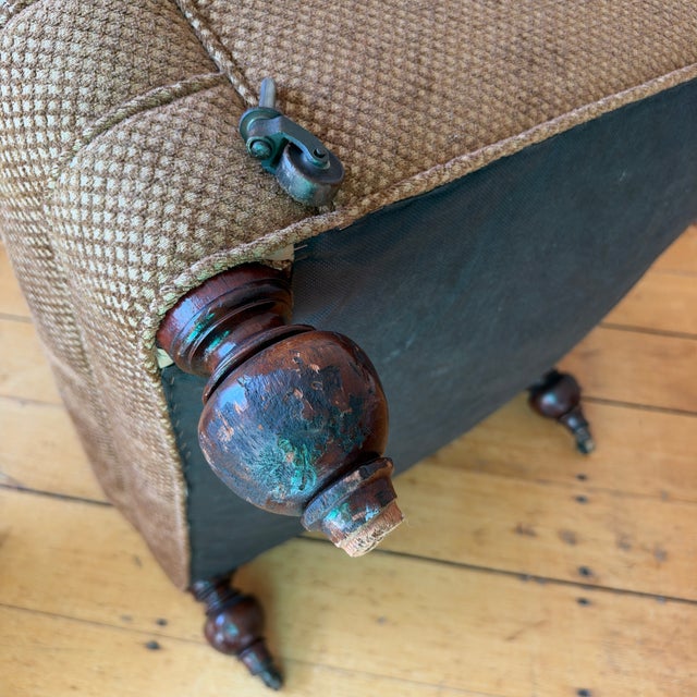 Pair of Chesterfield Tufted Deep Club Chairs With Turned Wooden Legs and Brass Casters For Sale - Image 16 of 16