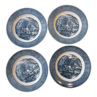Set of 4 Vintage Currier & Ives "The Old Grist Mill" Dinner Plates by Royal China Co. Usa For Sale