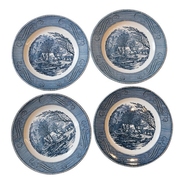 Set of 4 Vintage Currier & Ives "The Old Grist Mill" Dinner Plates by Royal China Co. Usa For Sale