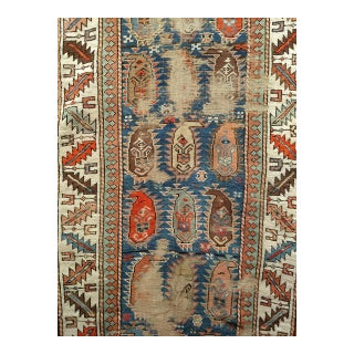 Antique Caucasian Kazak Runner, Allover Paisley Pattern, Handwoven Wool, Blue & Ivory, 3’ x 9’ For Sale