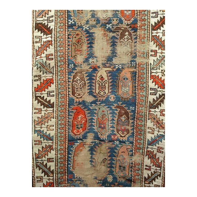 Antique Caucasian Kazak Runner, Allover Paisley Pattern, Handwoven Wool, Blue & Ivory, 3’ x 9’ For Sale