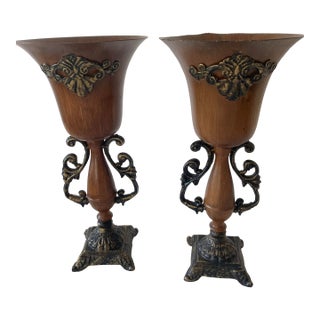 Vintage Neoclassical Borghese Style Metal Vases Pair For Sale