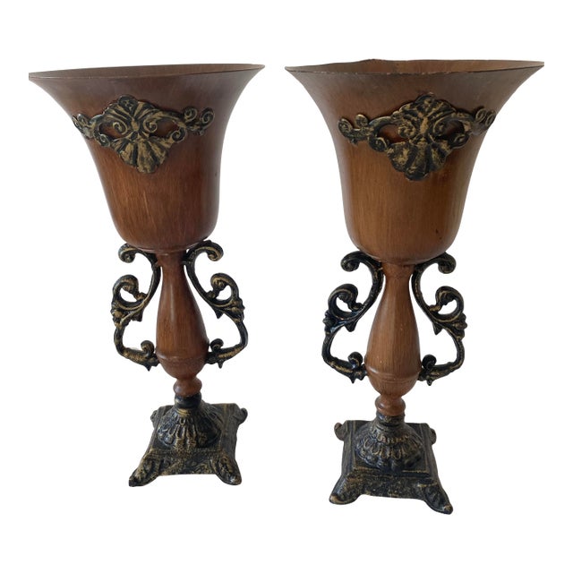 Vintage Neoclassical Borghese Style Metal Vases Pair For Sale