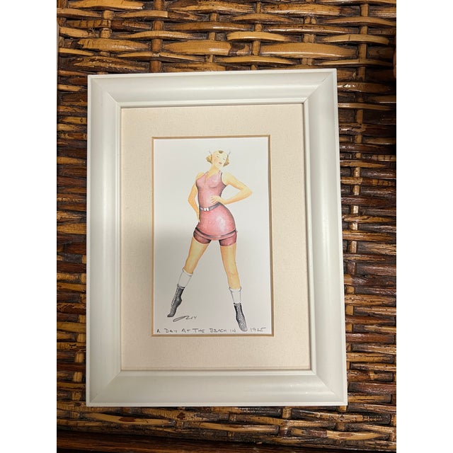 Set of 3 framed pictures. A Day At The Beach. Signed and showing bathingsuit styles from 1925, 1935,and 1945. These prints...