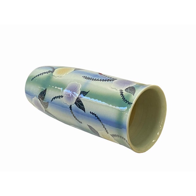 Asian Artistic Flower Blue Green Checker Cross Porcelain Tall Slim Round Vase For Sale - Image 3 of 6