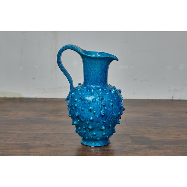 Midcentury Modern 1950s French Vallauris Blue Pottery Pitcher with Spiked Design For Sale - Image 4 of 7