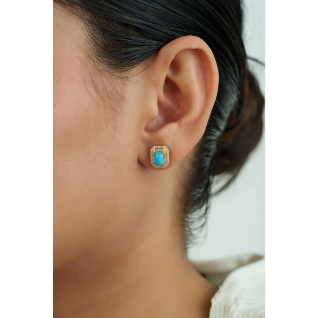 14k Yellow Gold 1.34ct Turquoise Cabochon Diamond Double Halo Stud Earrings- A Pair For Sale - Image 11 of 15