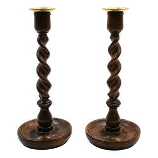 English Early Victorian Oak Barley Twist Candleholders, Set of 2 For Sale