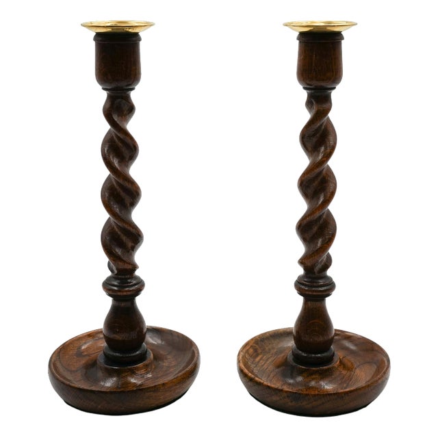 English Early Victorian Oak Barley Twist Candleholders, Set of 2 For Sale