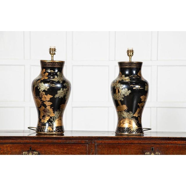 Large English Chinoiserie Papier-Mâché Table Lamps, 1950, Set of 2 For Sale - Image 6 of 16