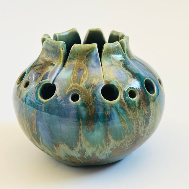 Mid Century Monterey Jade Studio Pottery Vase - Blue and Green Glazes For Sale - Image 4 of 10