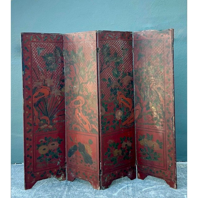 Vintage Asian Chinoiserie Four Panel Screen For Sale - Image 10 of 12
