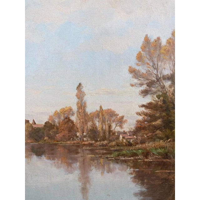"Village Lake" 19th-Century Antique Framed European Landscape Painting For Sale - Image 4 of 9