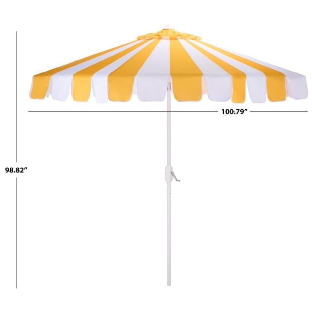 Modern Meze 9 Ft Crank Umbrella, Yellow Cabana Stripe/White Pole For Sale - Image 3 of 9