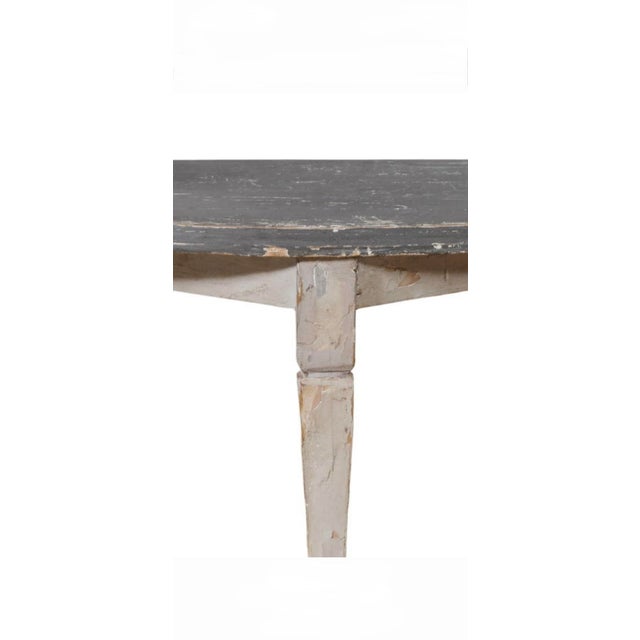 Rustic Italian Gris Creme Peinte Demilune Console, 19th c., the molded gris polychromed demilune top over tapered square...
