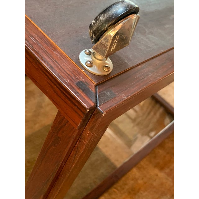Brown 'Joaquim Tenreiro Style' Mid-Century Modern Brazilian Rosewood and Glass Rolling Bar Cart, Side Table For Sale - Image 8 of 12