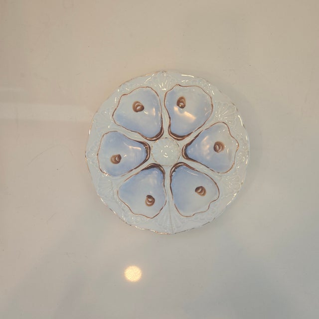 Antique European 6-Well Porcelain Oyster Plate, Lavender-Blue & Gold For Sale - Image 12 of 12