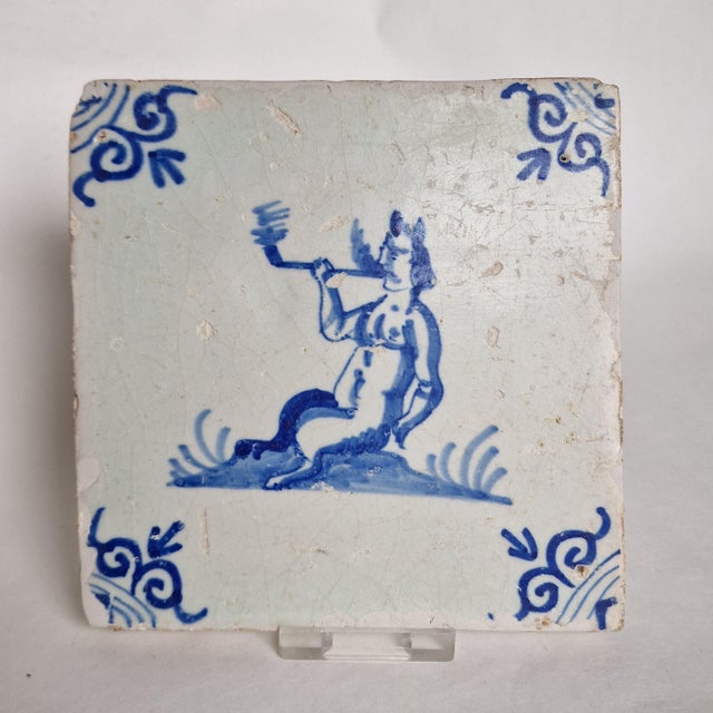 17th Century Dutch Smoking Satyr Tile from Delft, 1630s For Sale - Image 5 of 8