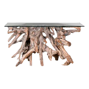 Teak Root Console Table With Glass Top