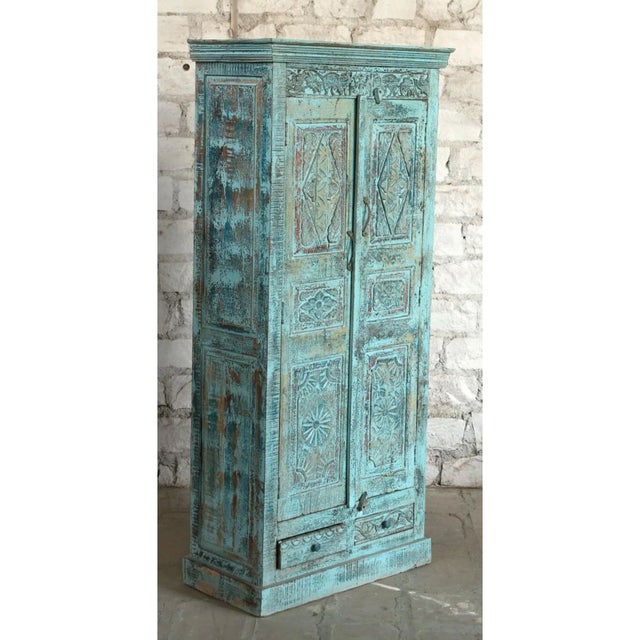 Vintage Armoire Tall Artistic Carved Farmhouse Blue Patina Cabinet For Sale - Image 4 of 8