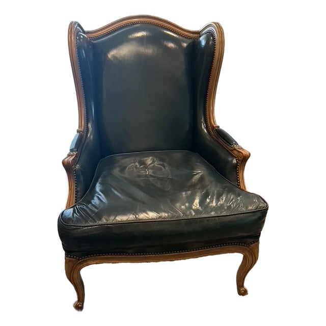 Pair of 1960s Baker Leather Wingback Chairs: French Provincial Style Wing Back Chairs For Sale