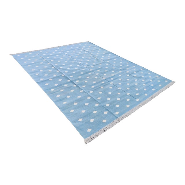 Handmade Cotton Pattern Leaf Pattern Rug, Sky Blue and White 8'x10' For Sale