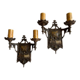 Pair of Circa 1930’s Painted Bronze Double Sconces With Galleon Motif For Sale