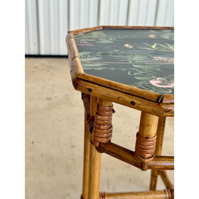 Mid-20th Century Sons-Cunningham Rattan Side Table With Tropical Wallpaper Top For Sale - Image 9 of 12