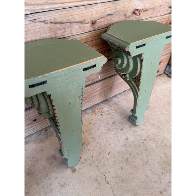 Pair of Carved Acanthus Wall Bracket Shelves / Corbels in Distressed Green Finish For Sale - Image 11 of 12