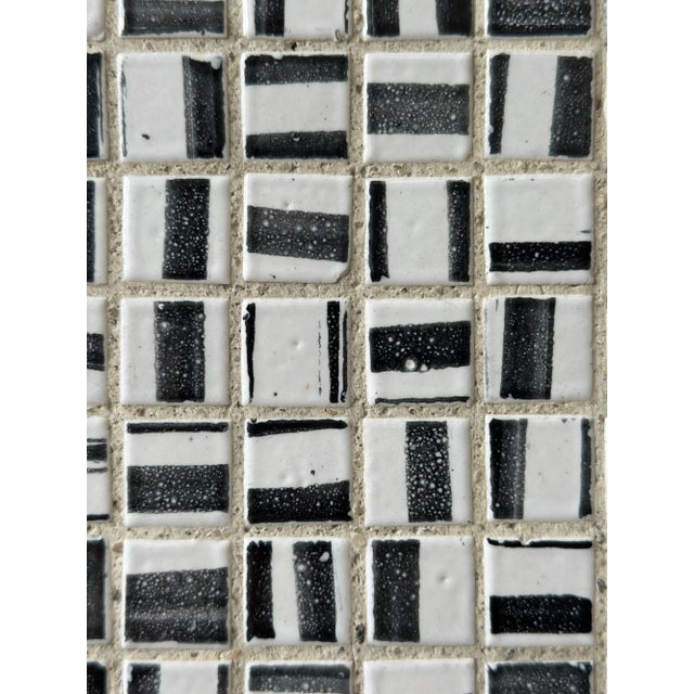 Vintage Black + White Glazed Ceramic Tile Artwork in Teak Frame, Circa 1950s For Sale - Image 9 of 14