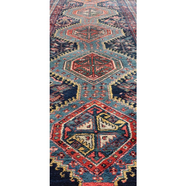 Early 20th Century Antique Hand Knotted Hamadan Runner With Tribal Medallion Design in Jewel Tones** For Sale - Image 5 of 12