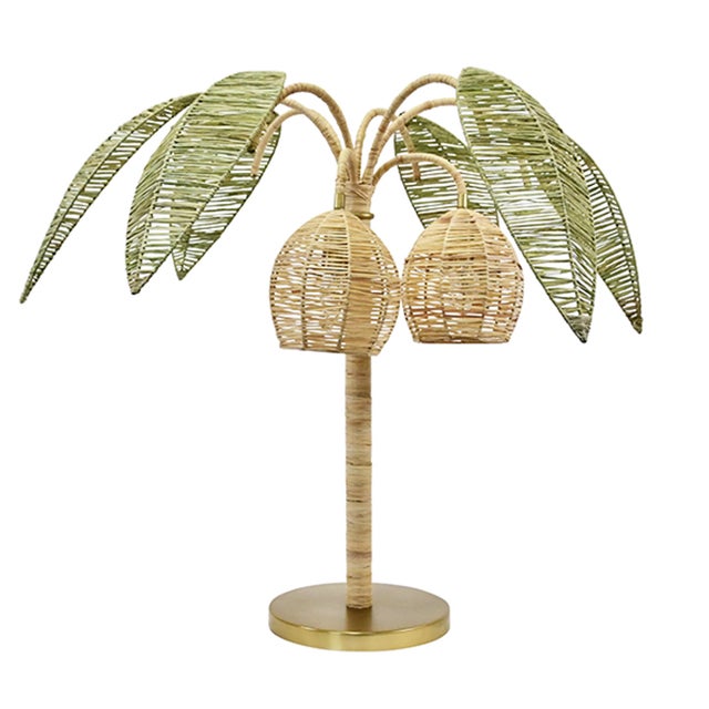 Worlds Away Matthew Izzo Home Palm Beach Sola Green and Natural Rafia Paper Palm Tree and Coconut Table Lamp With Brass Details For Sale - Image 4 of 8