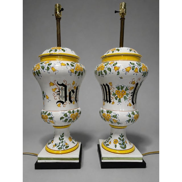 Italian Pair of Italian Maiolica Apothecary Jars Converted to Lamps For Sale - Image 3 of 7