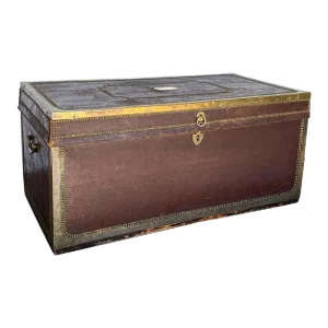 Early 19th Century English George III Brass Tack and Leather Mounted Camphor Wood Travel Trunk