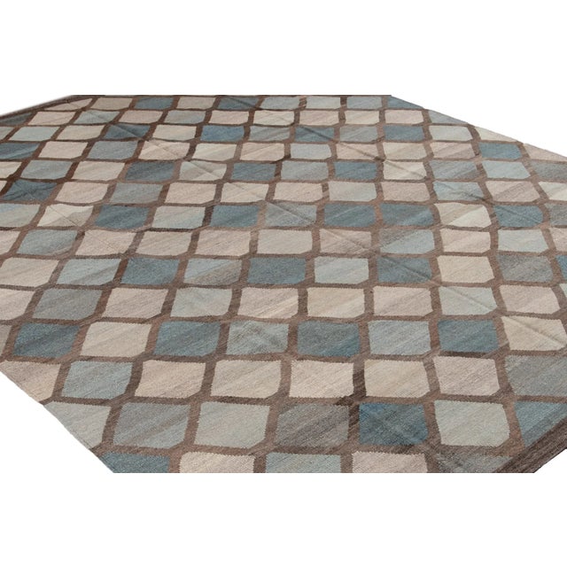 Handcrafted Wool Kilim Rug Featuring a Blue Geometric Design For Sale - Image 11 of 13