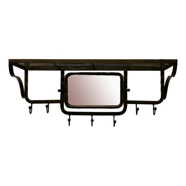 French Art Deco Iron Hat and Coat Rack with Shelf & Mirror in the Style of Pullman, 1930s For Sale