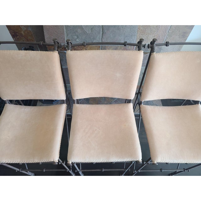 Metal Ilana Goor Style 1970's Vintage Brutalist Iron Leather Stools Set of 3 For Sale - Image 7 of 15