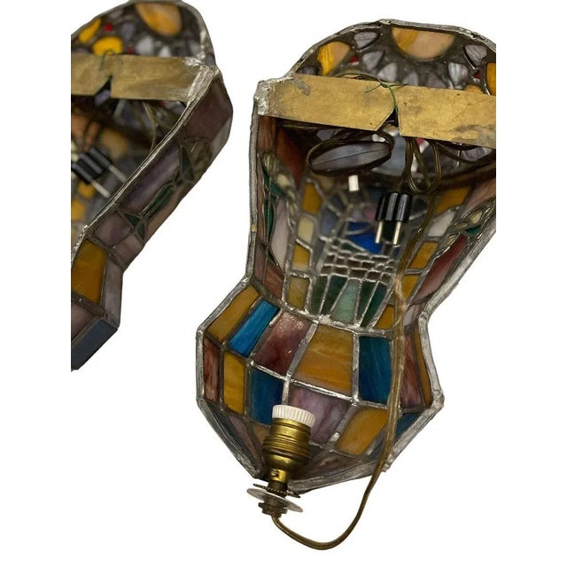 Metal Art Deco Leaded Glass Wall Lights, 20th Century, Set of 2 For Sale - Image 7 of 9