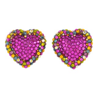 Richard Kerr Hot Pink and Multicolor Heart Jeweled Pair of Clip Earrings For Sale