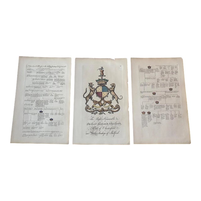 Antique 18th Century Copperplate Heraldry Crest & Family Tree Engravings - "Hon. Philip Dormer Stanhope" - Set of 3 For Sale